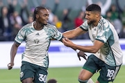 Portland Timbers midfielder Santiago Moreno (#30) reacts after a goal during an MLS match against D.C. United  at Providence Park in Portland, Oregon on Saturday, March 2, 2024.