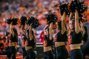 Oregon State cheerleaders as the Beavers face the Washington State Cougars in a Pac-12 college football game at Reser Stadium in Corvallis, Oregon on Saturday, Oct. 15, 2022. 