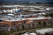Gordon Moore Park at Ronler Acres, Intel’s 450-acre campus in Hillsboro, OR, seen from the air on Mon., March 27, 2023.