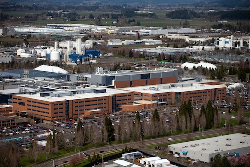 An aerial photo of a large industrial campus