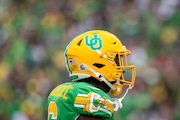Oregon wore throwback helmets and uniforms for the No. 9 Ducks’ game against the Washington State Cougars at Autzen stadium in Eugene, Oregon on Saturday, October. 21, 2023. 