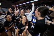 March 12, 2024; Las Vegas, NV, USA; Portland Pilots players celebrate against the Gonzaga Bulldogs after the game of the WCC Basketball Championships at Orleans Arena.