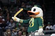 The Oregon mascot is seen during the second half of an NCAA college basketball game against Oregon State Wednesday, Feb. 28, 2024, in Eugene, Ore. Oregon won 78-71. (AP Photo/Amanda Loman)