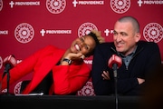 Portland Thorns FC general manager Karina LeBlanc (left) and head coach Mike Norris spoke to the media at Providence Park on Tues., March 12, 2024.