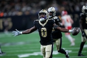 New Orleans Saints safety Ugo Amadi (0) celebrates his interception in the first half of an NFL football game against the Kansas City Chiefs in New Orleans, Sunday, Aug. 13, 2023. (AP Photo/Gerald Herbert)