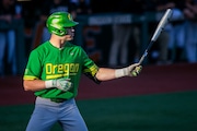 Oregon’s Bryce Boettcher at bat as the Ducks face the Oregon State Beavers in a college baseball game at Goss Stadium in Corvallis on Tuesday, May 2, 2023.