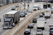 Motor vehicle traffic moves along the Interstate 76 highway in Philadelphia, March 31, 2021. The EPA on Friday, March 29, 2024, set new greenhouse gas emissions standards for heavy-duty trucks, buses and other large vehicles, an action that officials said will clean up some of the nation's largest sources of planet-warming pollution.