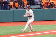 Oregon State’s Travis Bazzana reacts after his solo home run in the first inning as the Beavers face the Washington Huskies in a Pac-12 college baseball tournament at Goss Stadium in Corvallis on Saturday, March 23, 2024.