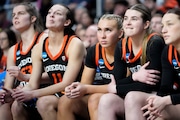 Oregon State players watch from the bench during the third quarter of an Elite Eight round college basketball game against South Carolina during the NCAA Tournament, Sunday, March 31, 2024, in Albany, N.Y. (AP Photo/Mary Altaffer) AP