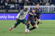 Portland Timbers forward Dairon Asprilla (#27) fights for possession during an MLS match against D.C. United  at Providence Park in Portland, Oregon on Saturday, March 2, 2024.