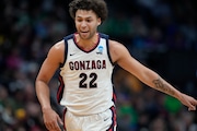 Gonzaga forward Anton Watson reacts after hitting a basket against Grand Canyon in the second half of a first-round college basketball game in the men's NCAA Tournament, Friday, March 17, 2023, in Denver. (AP Photo/David Zalubowski)