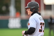 Oregon State’s Travis Bazzana looks on as the No. 6 Beavers take on the North Dakota State Bison in a college baseball game on Saturday, March 2, 2024, at Goss Stadium in Corvallis. Oregon State won 10-0.