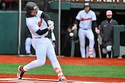 Oregon State’s Jacob Krieg swings as the No. 6 Beavers take on the North Dakota State Bison in a college baseball game on Saturday, March 2, 2024, at Goss Stadium in Corvallis. Oregon State won 10-0.