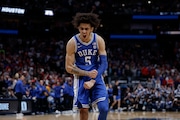 Duke’s Tyrese Proctor reacts during the second half of a Sweet 16 college basketball game against Houston in the NCAA Tournament in Dallas, Friday, March 29, 2024. Duke won 54-51. (AP Photo/Brandon Wade)