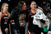 Oregon State forward Timea Gardiner (30) reacts as she walks off the court after Oregon State lost to South Carolina in an Elite Eight round college basketball game during the NCAA Tournament, Sunday, March 31, 2024, in Albany, N.Y. (AP Photo/Mary Altaffer) AP