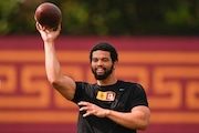 USC quarterback Caleb Williams throws during the NCAA college football team's NFL pro day, Wednesday, March 20, 2024, in Los Angeles. (AP Photo/Ryan Sun)