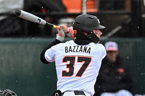 Oregon State’s Travis Bazzana (37) awaits a pitch as the No. 6 Beavers take on the North Dakota State Bison in a college baseball game on Saturday, March 2, 2024, at Goss Stadium in Corvallis. Oregon State won 10-0.