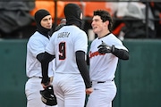 Oregon State’s Dallas Macias celebrates his two-run home run in the fourth inning with Mason Guerra (9) and Gavin Turley (left) as the No. 6 Beavers take on the North Dakota State Bison in a college baseball game on Saturday, March 2, 2024, at Goss Stadium in Corvallis. Oregon State won 10-0.