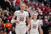 Stanford forward Cameron Brink (22) reacts during the second half of the team's first-round college basketball game against Norfolk State in the women's NCAA Tournament in Stanford, Calif., Friday, March 22, 2024. (AP Photo/Godofredo A. Vásquez)