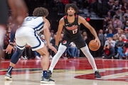 Portland Trail Blazers guard Shaedon Sharpe (#17) sets up the offense during an NBA game against the Memphis Grizzlies at Moda Center in Portland, Oregon on Friday, Nov. 3, 2023.