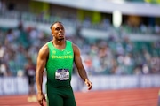 Oregon Ducks sprinter Micah Williams looks on after competing in the men’s 4x100 relay semifinals on Day 1 of the NCAA Outdoor Track & Field Championships on Wednesday, June 8, 2022, at Hayward Field in Eugene. Oregon did not qualify for the final.