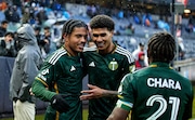 Evander (left) and Antony celebrate at the end of the Portland Timbers' MLS match against New York City FC at Yankee Stadium on Saturday, March 9, 2024. The Timbers won 2-1, with Evander scoring the game-winning goal in the final moments.