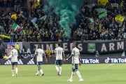 Portland Timbers midfielder Santiago Moreno (#30) looks back after his goal during an MLS match against D.C. United  at Providence Park in Portland, Oregon on Saturday, March 2, 2024.