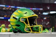 ATLANTA, GEORGIA - SEPTEMBER 03: An Oregon Ducks helmet sits on a road case during the Chick-fil-A Kickoff Game between Oregon and Georgia on September 03, 2022 in Atlanta, Georgia. (Photo by Paul Abell/Getty Images)