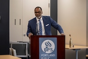 Freddie Mack, the former senior director of communications for Portland Public Schools, at a press conference in 2022. He is resigning from his post and school board members will consider whether to approve a settlement of $90,000 at Tuesday night's board meeting.