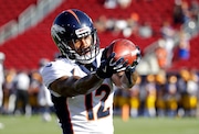 Denver Broncos wide receiver Brendan Langley (12) warms up before the start of an NFL preseason football game against the Los Angeles Rams Saturday, Aug. 24, 2019, in Los Angeles. (AP Photo/Rick Scuteri)