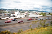 Cars pass on Interstate 5 near the Rose Quarter in Portland.